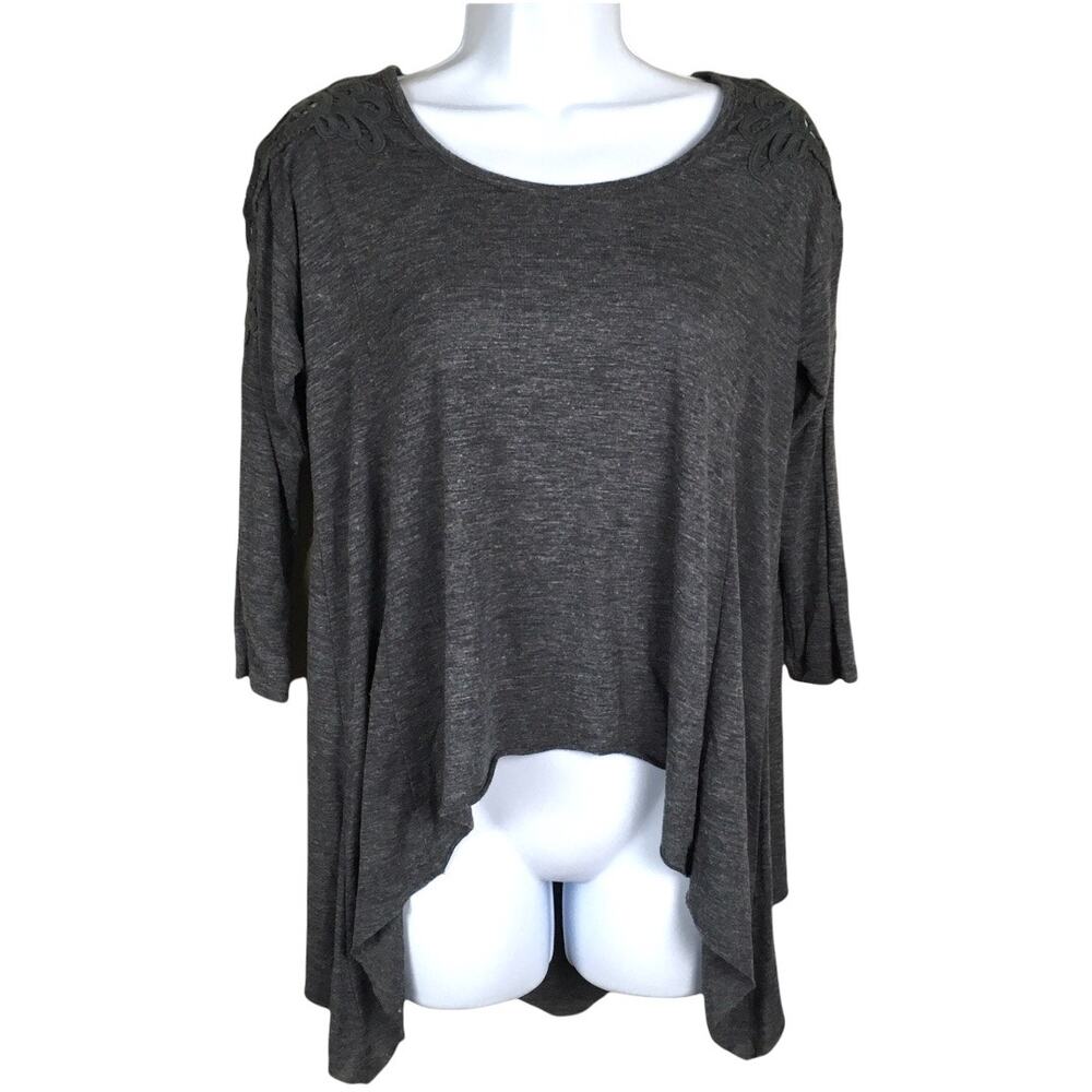 Hollister Top Hi Low Hem Shirt Grey Embroidered Shoulder Long Sleeve Womens XS/S